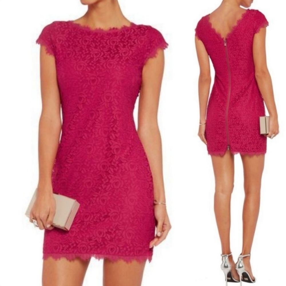 DVF Diane Von Furstenberg Barbara Hot Pink Lace Sheath Mini Dress Sz 14